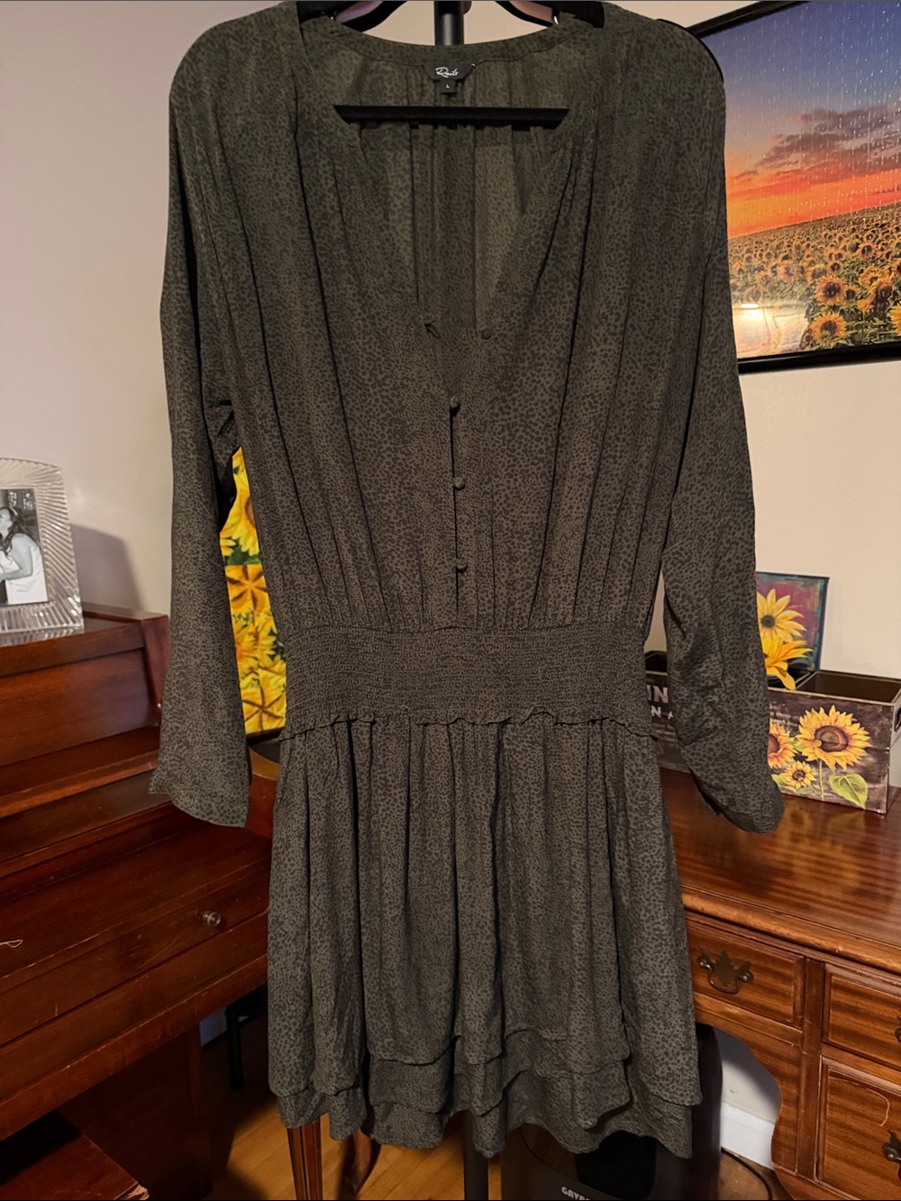 Rails Olive Green Long Sleeve Tiered Ruffle Dress